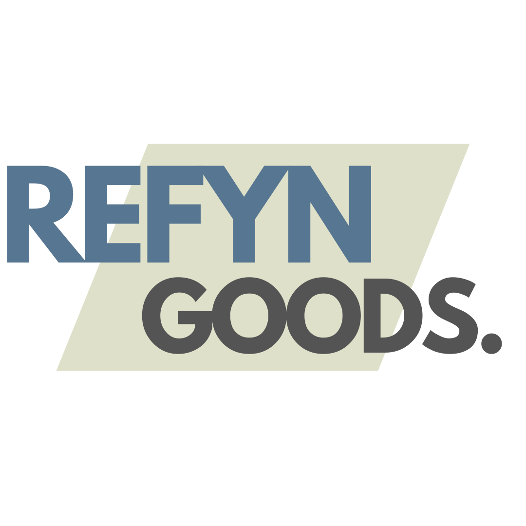 Logo of REFYN GOODS with a blue and black text on a white background